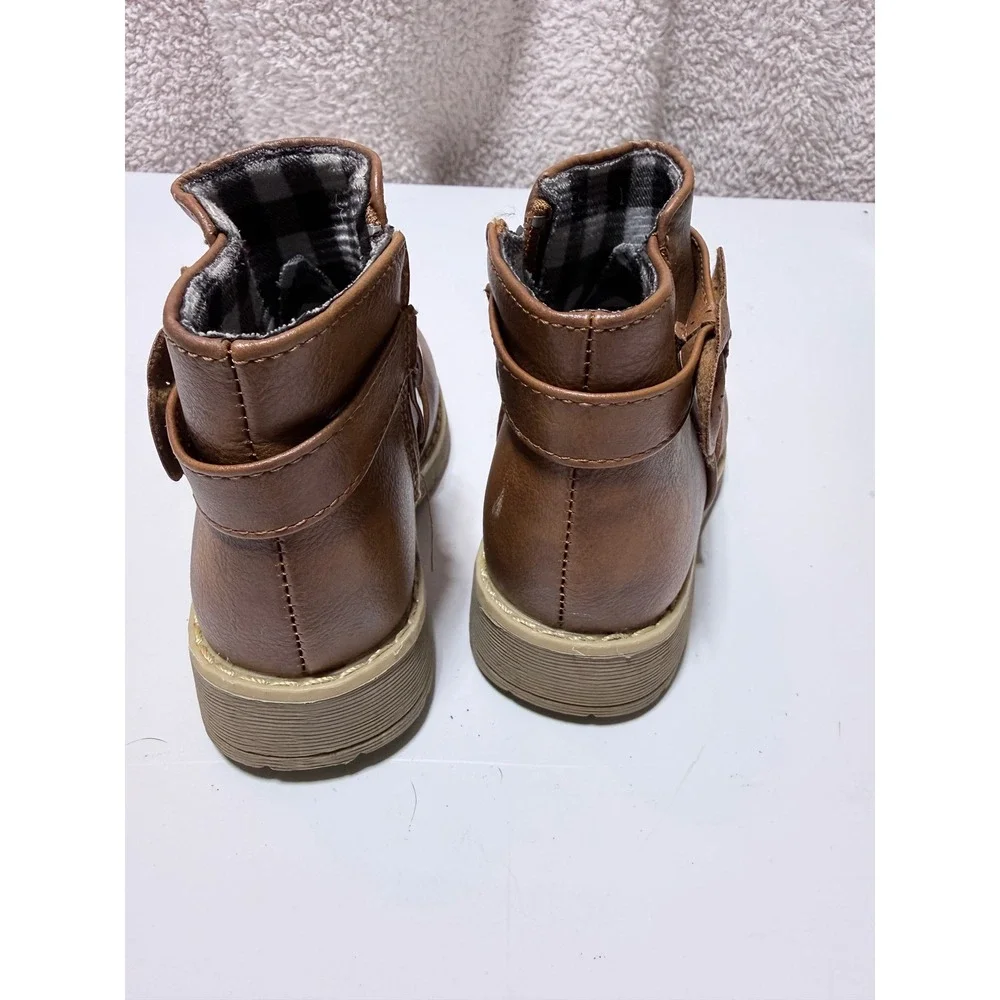 Toddler Girls Brown Faux Leather Ankle Boots with Side Bow Plaid Lining Size 8